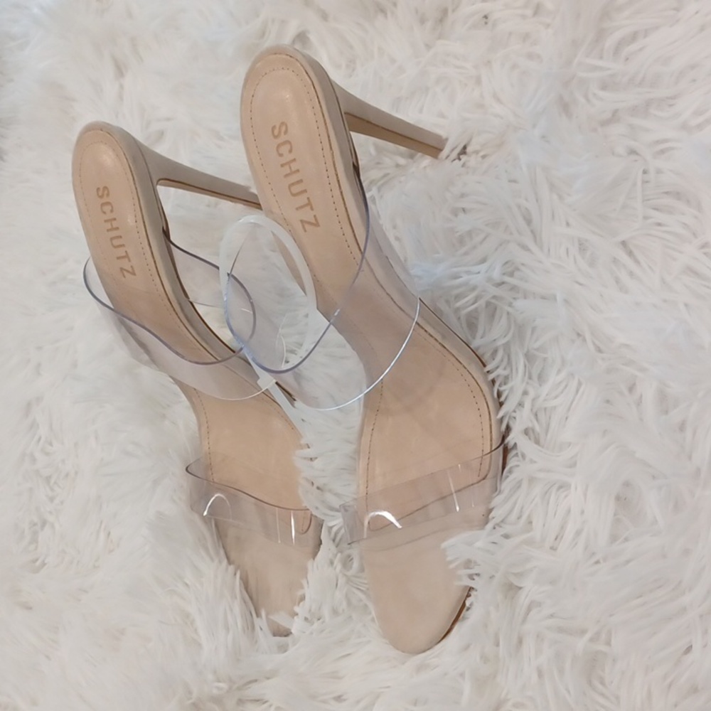 SCHUTZ Ariella Clear PVC Strap with Suede High Heel Strappy Sandals Size 9.5 NEW